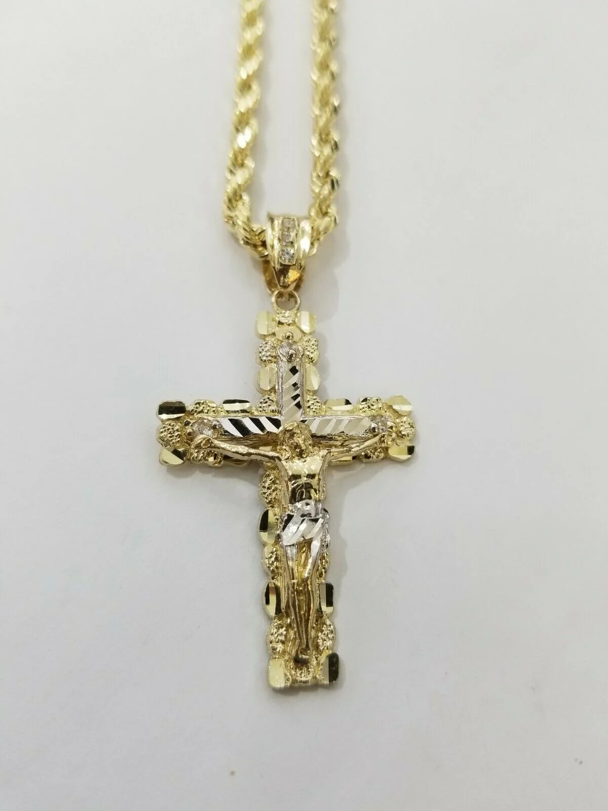 10k Yellow Gold Rope Chain With Cross Charm Pendant Set REAL 10KT 4mm Necklace - Image 5