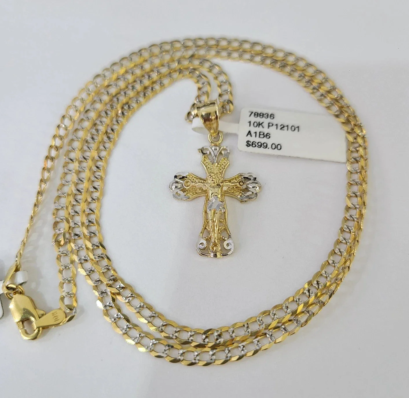 10k Yellow Gold Solid Cuban Curb Chain Jesus Cross Pendant Charm 3mm Necklace - Image 2