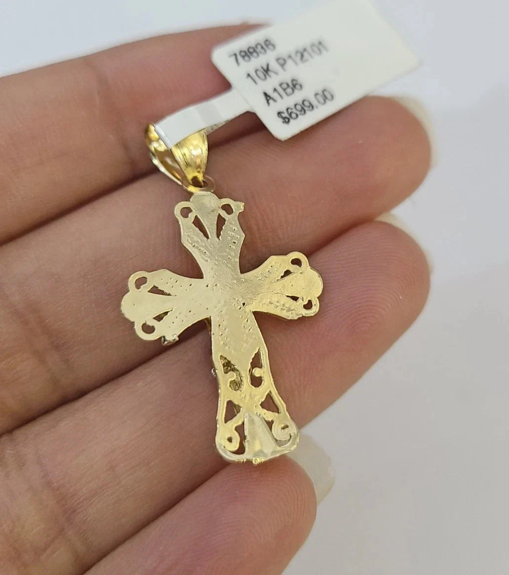 10k Yellow Gold Solid Cuban Curb Chain Jesus Cross Pendant Charm 3mm Necklace - Image 6