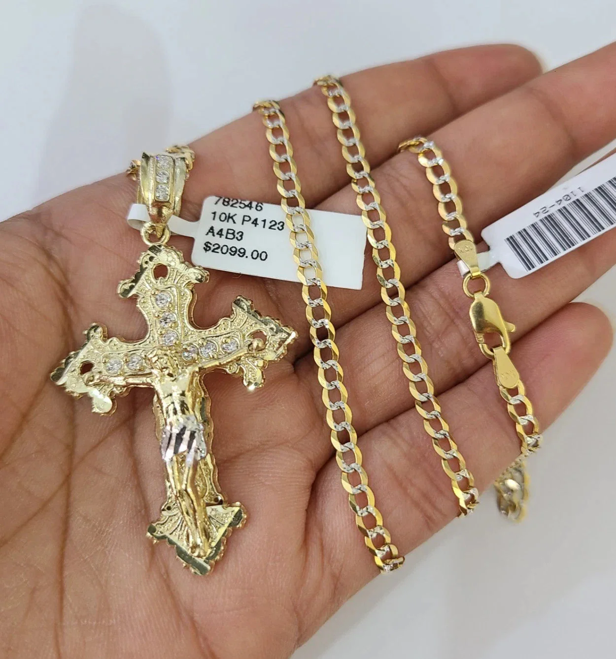 10k Yellow Gold Solid Cuban Curb Chain Jesus Cross Pendant Charm 3mm Necklace - Image 2