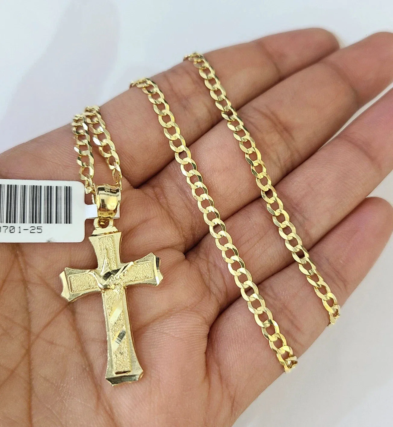 10k Yellow Gold Solid Cuban Curb Chain Jesus Cross Pendant Charm 3mm Necklace - Image 2