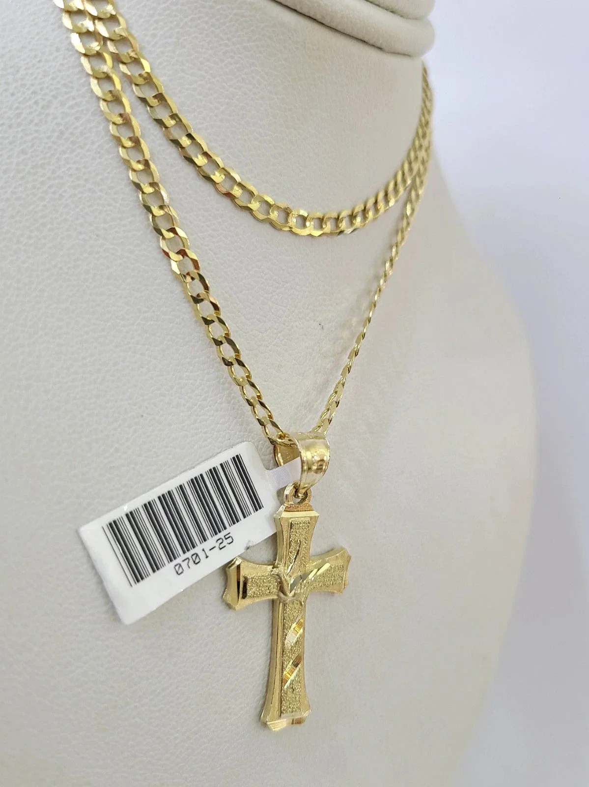 10k Yellow Gold Solid Cuban Curb Chain Jesus Cross Pendant Charm 3mm Necklace - Image 3