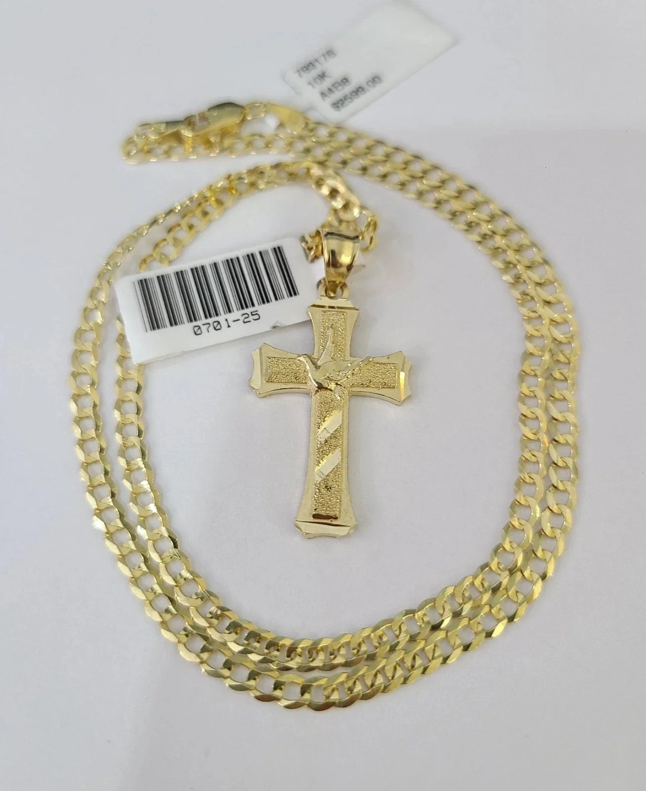 10k Yellow Gold Solid Cuban Curb Chain Jesus Cross Pendant Charm 3mm Necklace - Image 4