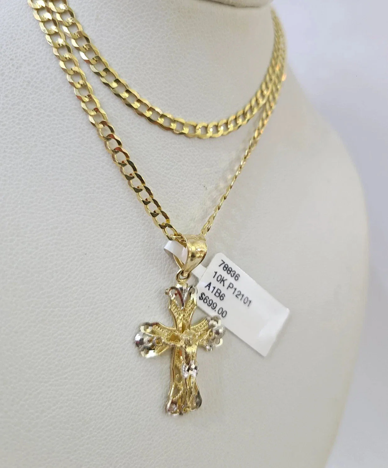 10k Yellow Gold Solid Cuban Curb Chain Jesus Cross Pendant Charm 3mm Necklace - Image 2