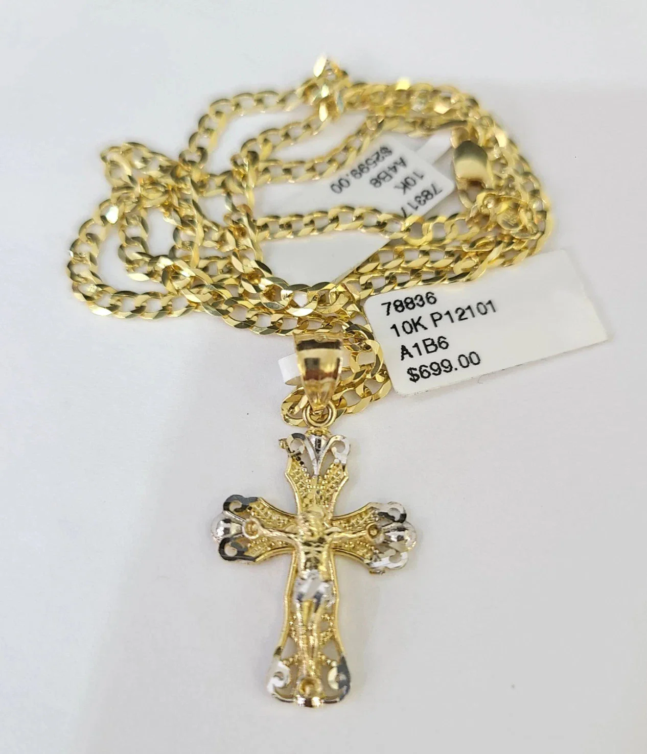 10k Yellow Gold Solid Cuban Curb Chain Jesus Cross Pendant Charm 3mm Necklace - Image 4