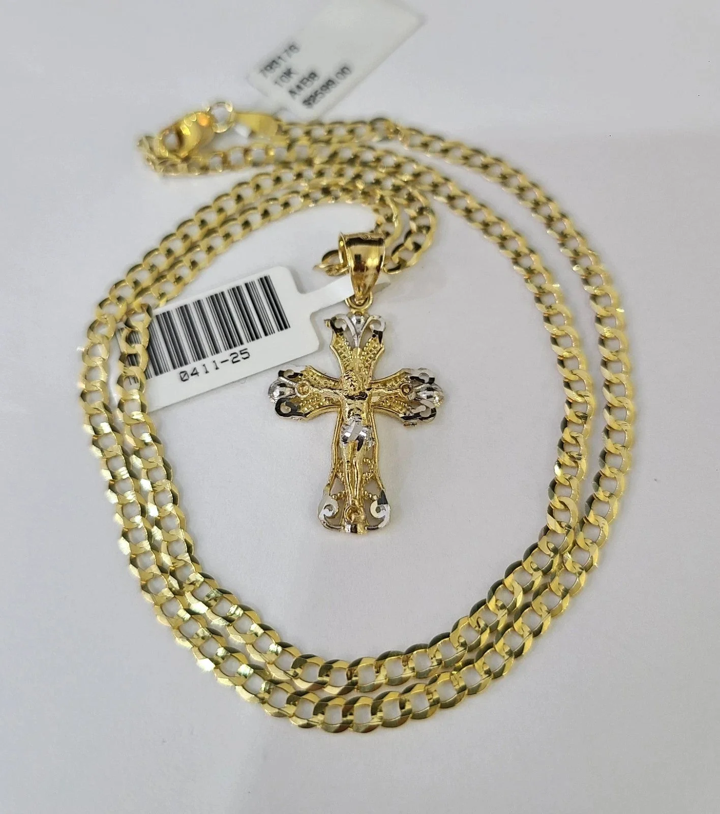 10k Yellow Gold Solid Cuban Curb Chain Jesus Cross Pendant Charm 3mm Necklace - Image 5