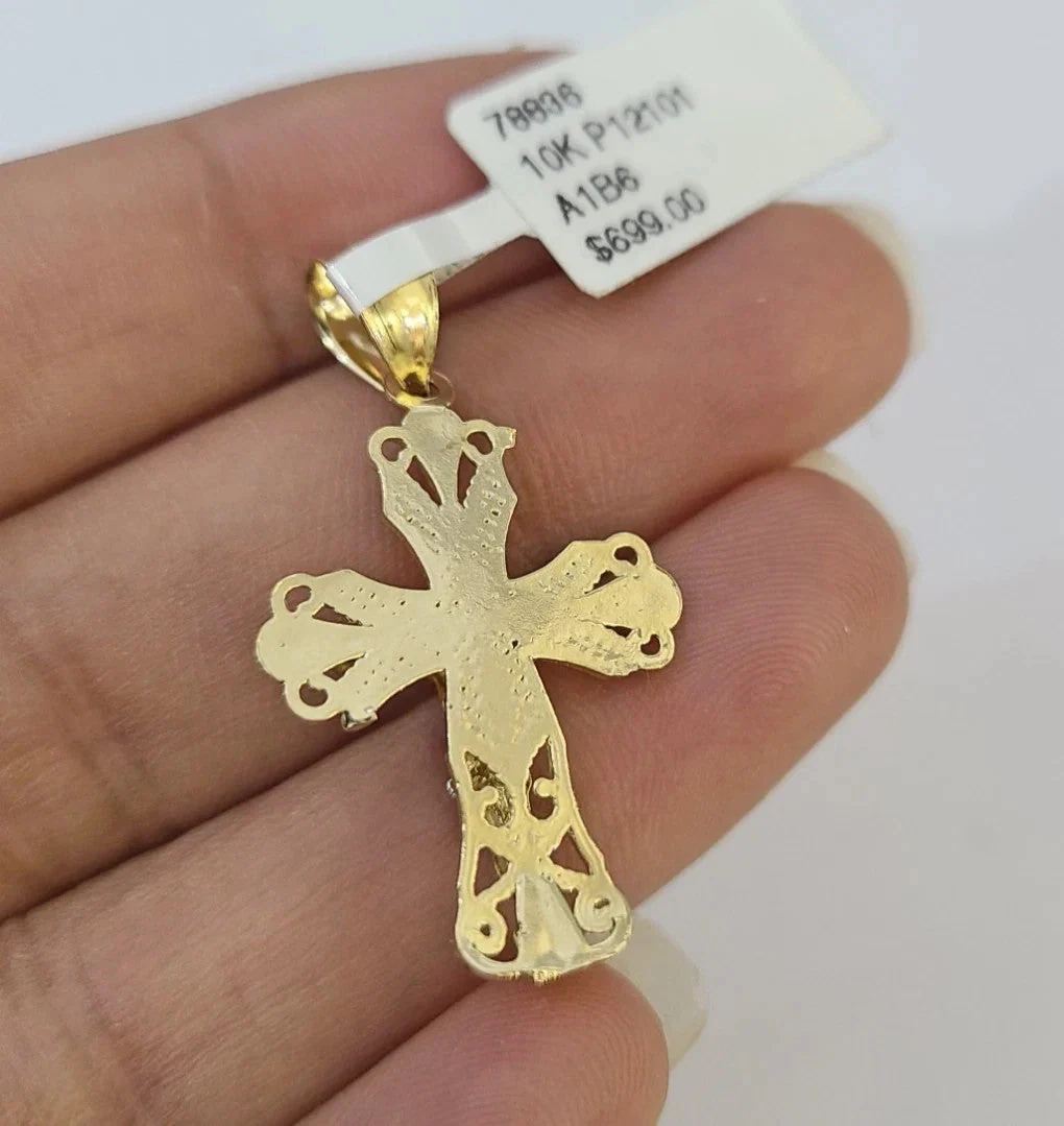 10k Yellow Gold Solid Cuban Curb Chain Jesus Cross Pendant Charm 3mm Necklace - Image 6