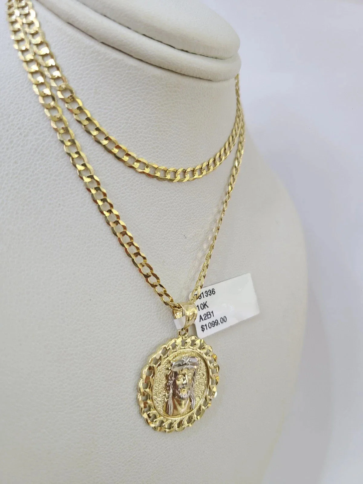 10k Yellow Gold Solid Cuban Curb Chain Jesus Head Pendant Charm 3mm Necklace - Image 3