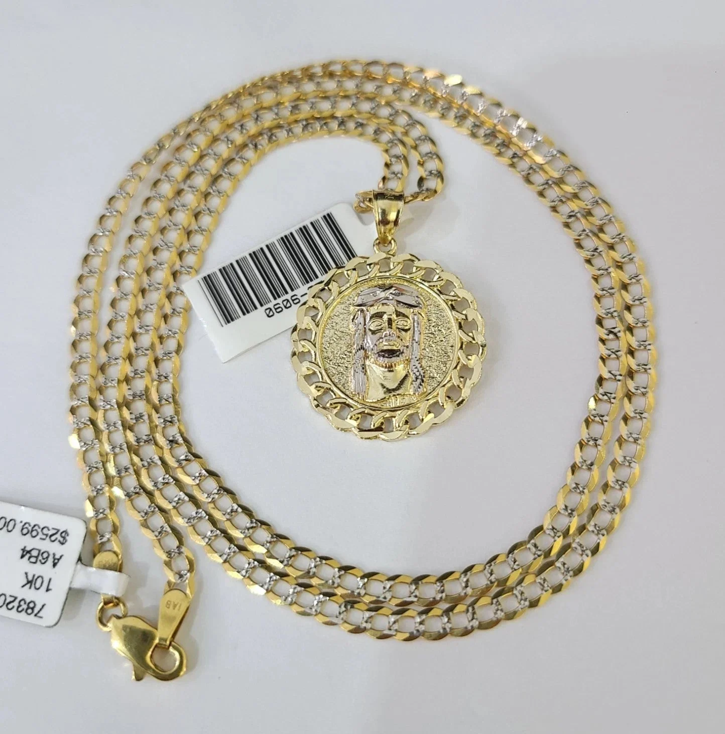 10k Yellow Gold Solid Cuban Curb Chain Jesus Head Pendant Charm 3mm Necklace - Image 2