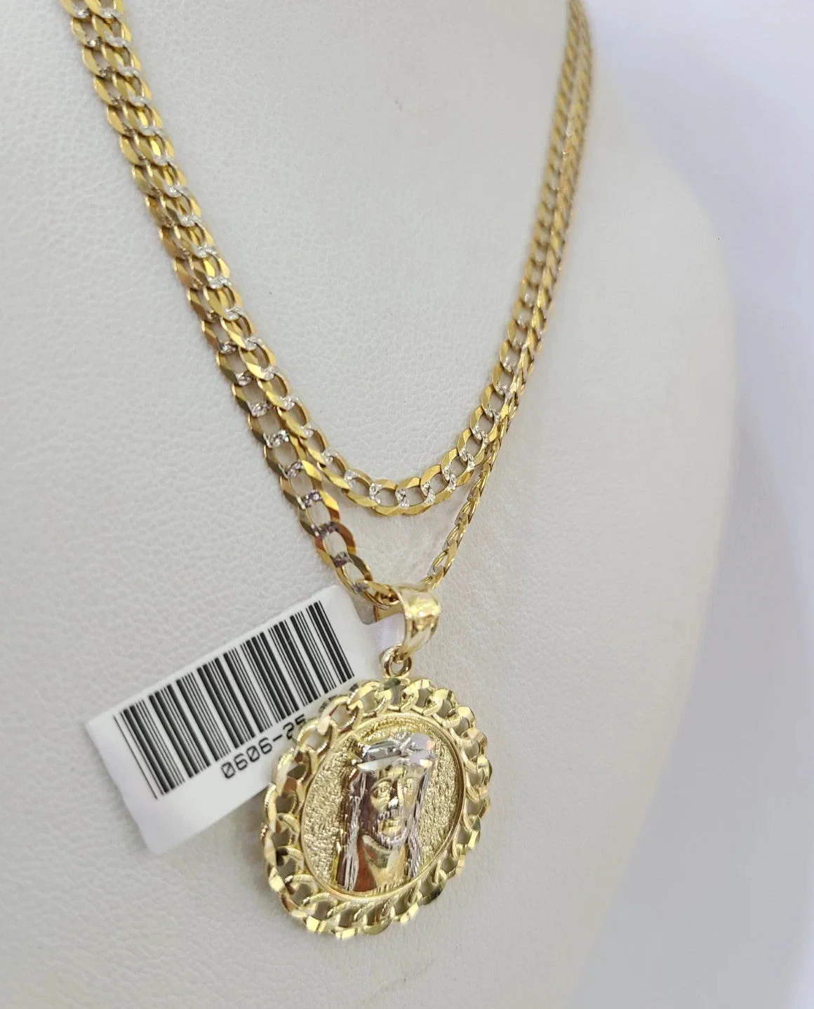10k Yellow Gold Solid Cuban Curb Chain Jesus Head Pendant Charm 3mm Necklace - Image 3