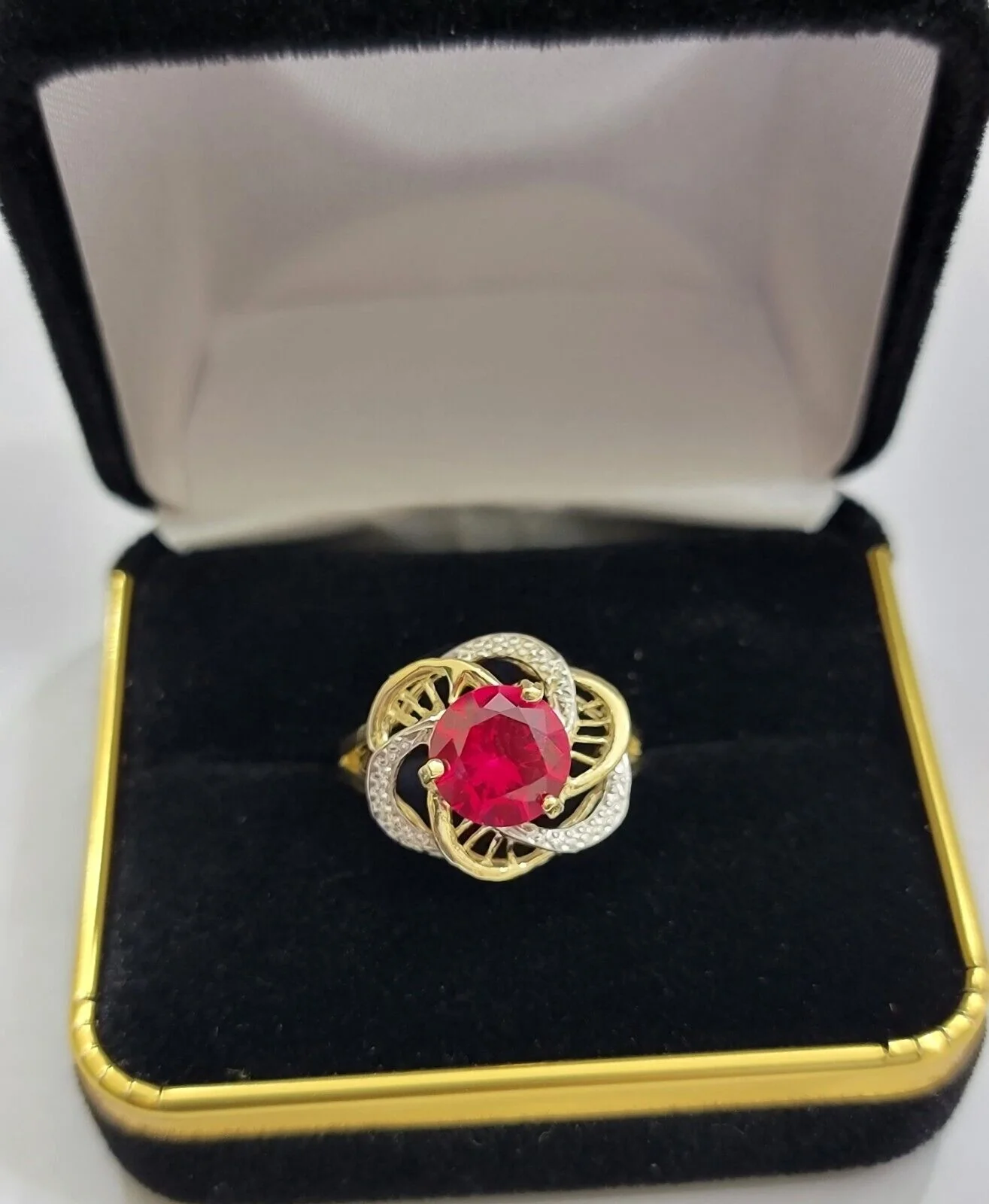 10k Yellow Gold Women Ring Pink Red Color Ladies Flower Band REAL 10KT All Sizes - Image 3