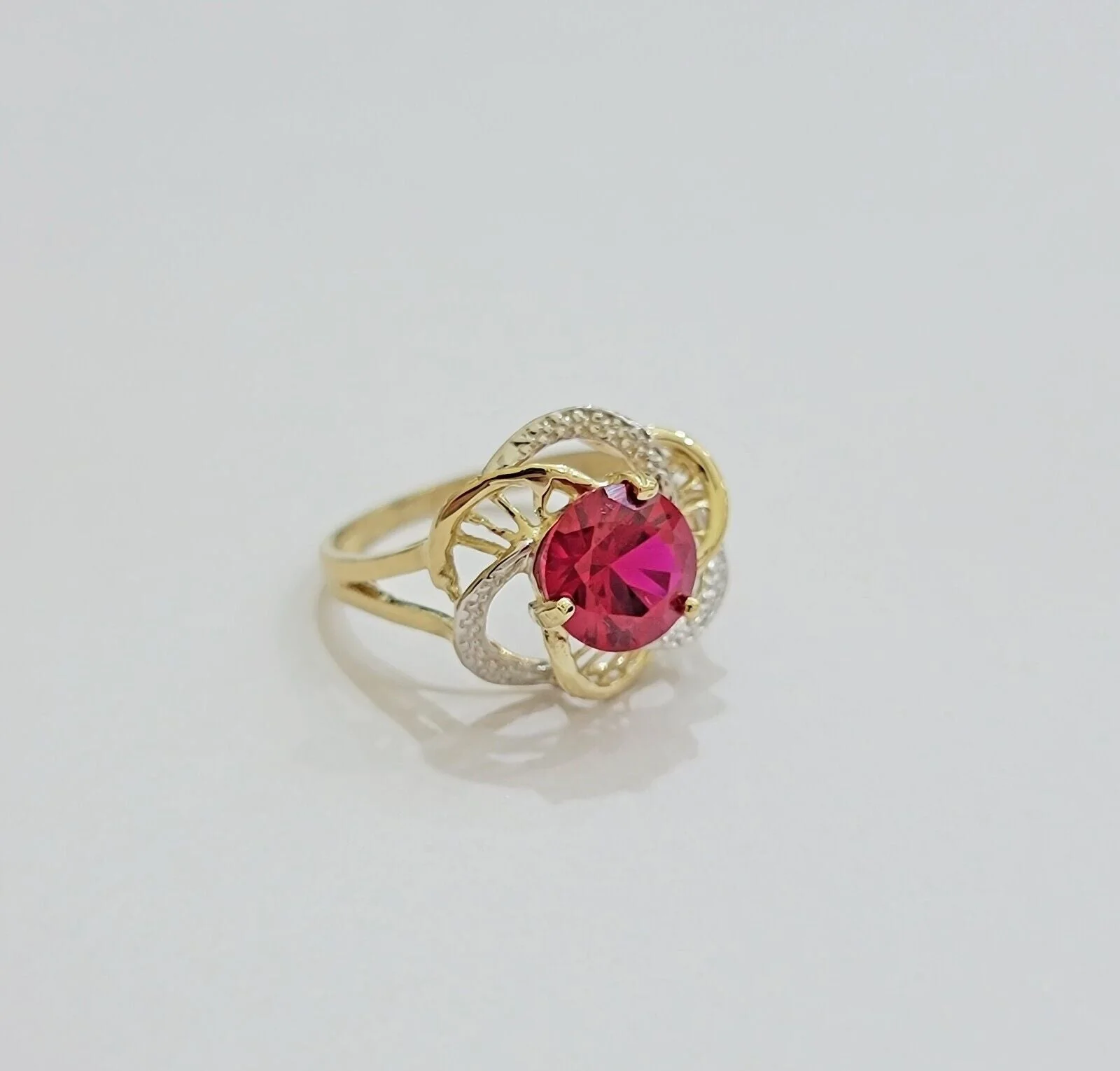 10k Yellow Gold Women Ring Pink Red Color Ladies Flower Band REAL 10KT All Sizes - Image 5