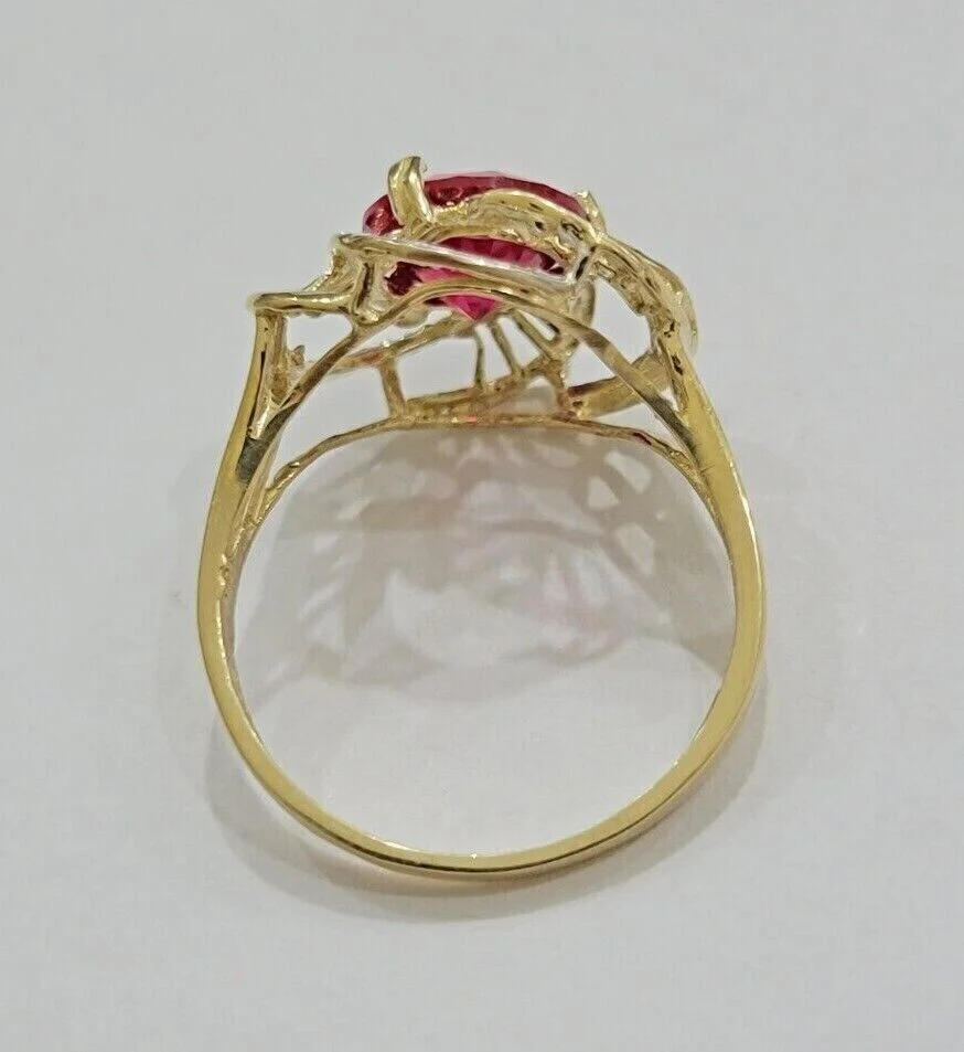 10k Yellow Gold Women Ring Pink Red Color Ladies Flower Band REAL 10KT All Sizes - Image 7