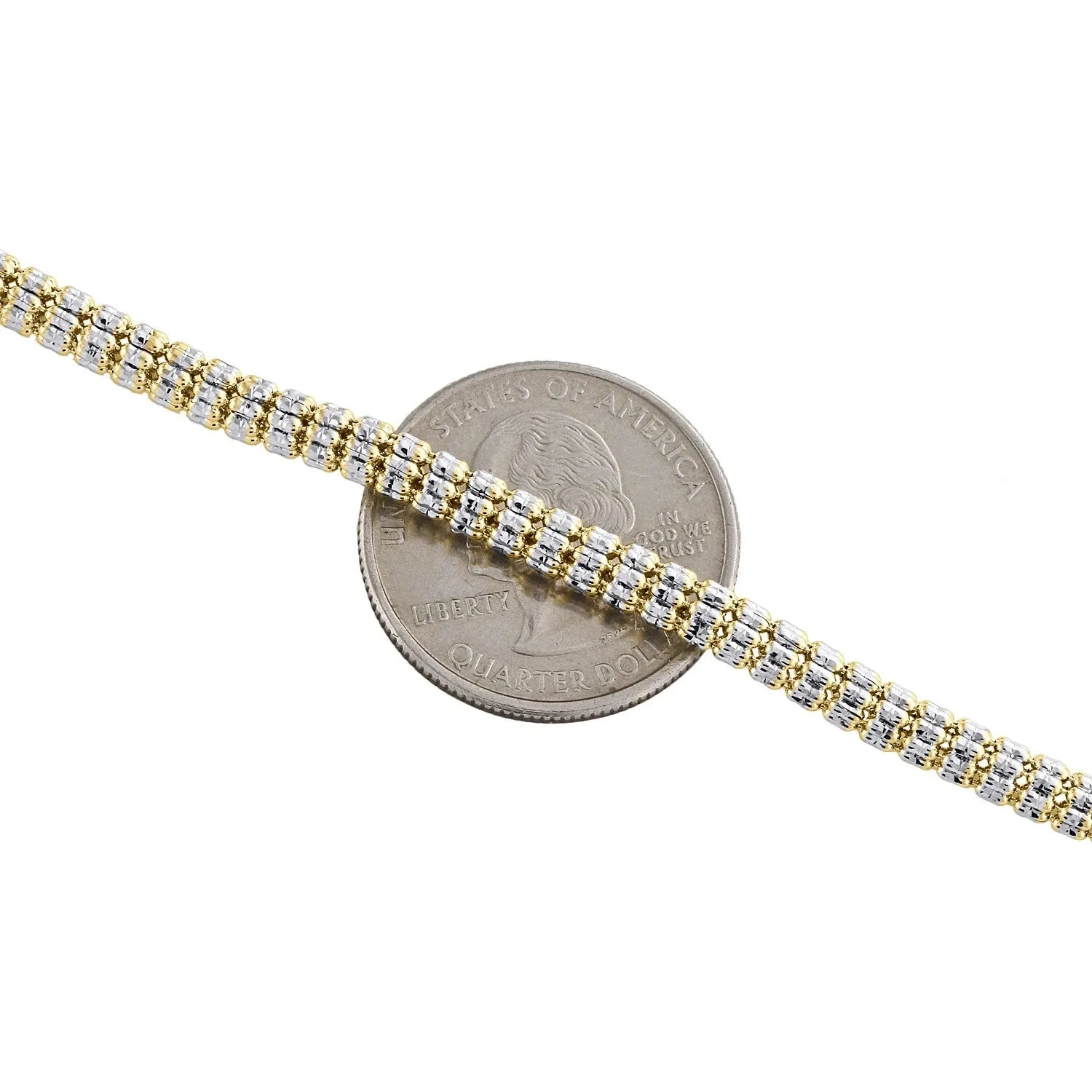 10K Yellow White Gold Two Tone 4mm Diamond Cut Ice Bead Link Bracelet 8 Inches - Image 2