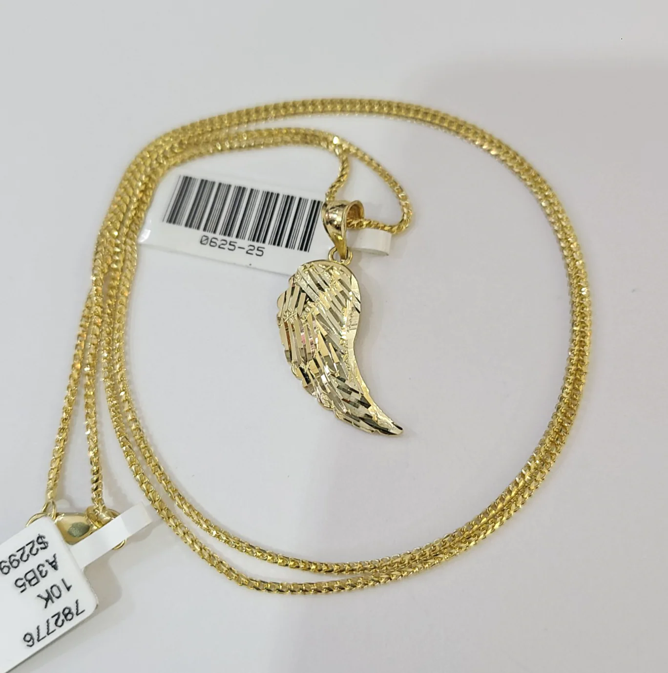 10kt Franco Chain Necklace Angel Wing Pendant 1mm 16-22 Inches Ladies Gold - Image 3