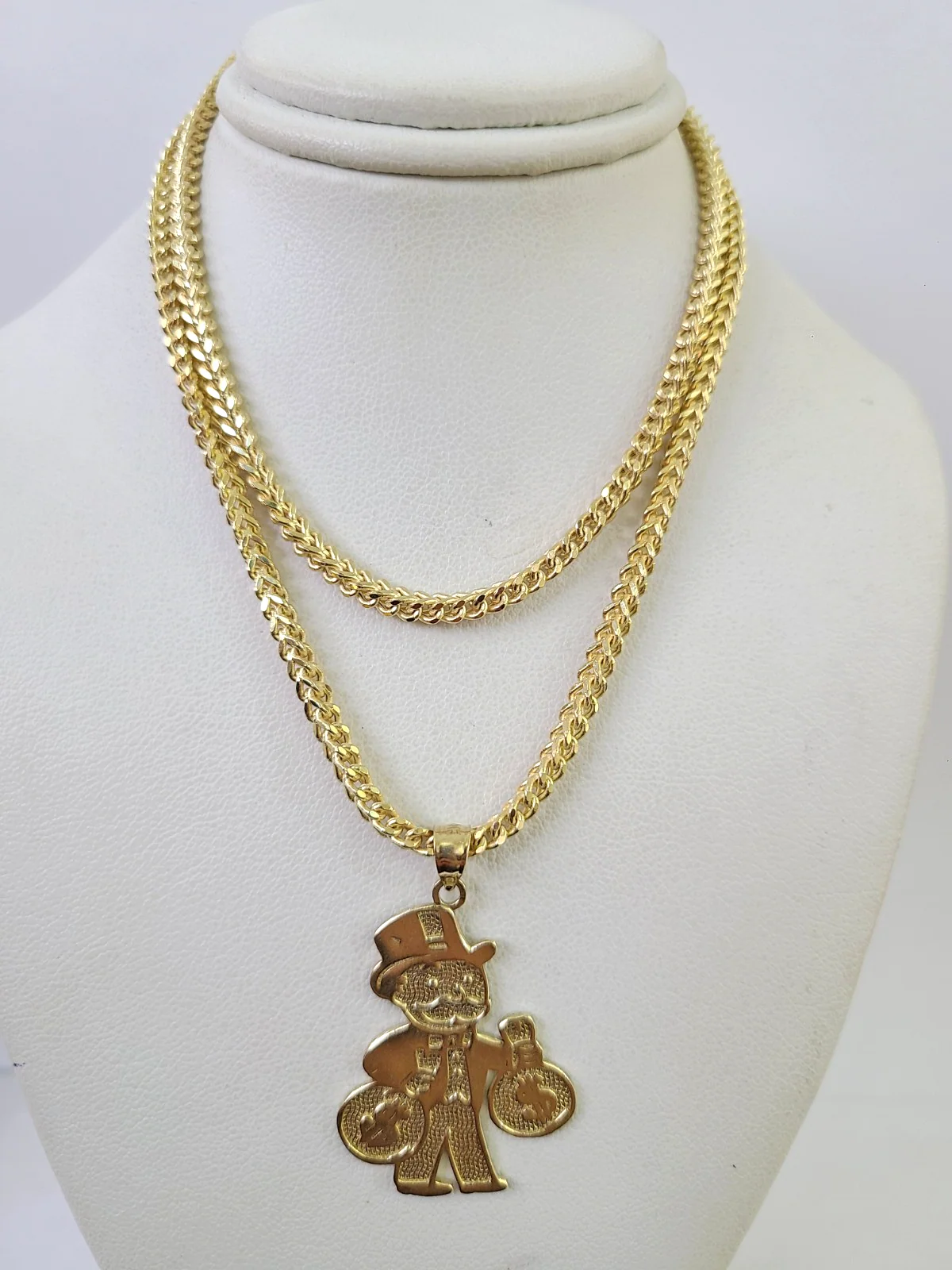 10kt Franco Chain Necklace Grandpa Money Bag Charm Pendant 3mm 18-28 Inches Gold - Image 3