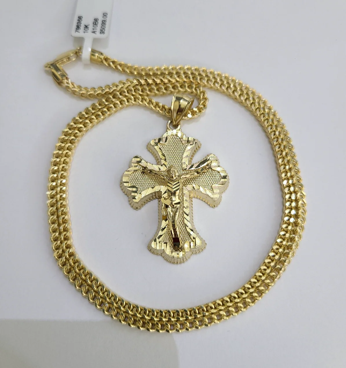 10kt Franco Chain Necklace Jesus Cross Charm Crucifix Pendant 3mm 18"-28" Gold - Image 3