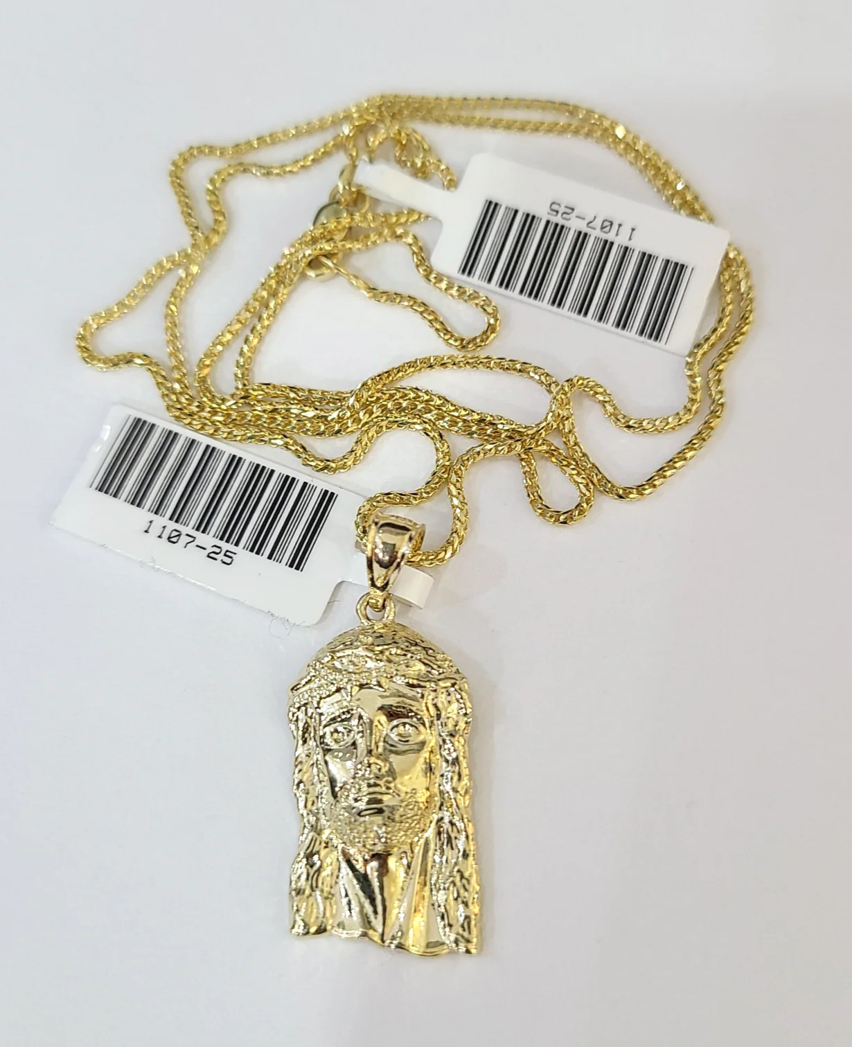 10kt Franco Chain Necklace Jesus Head Charm Pendant 1mm 16-22 Inches Ladies Gold - Image 3