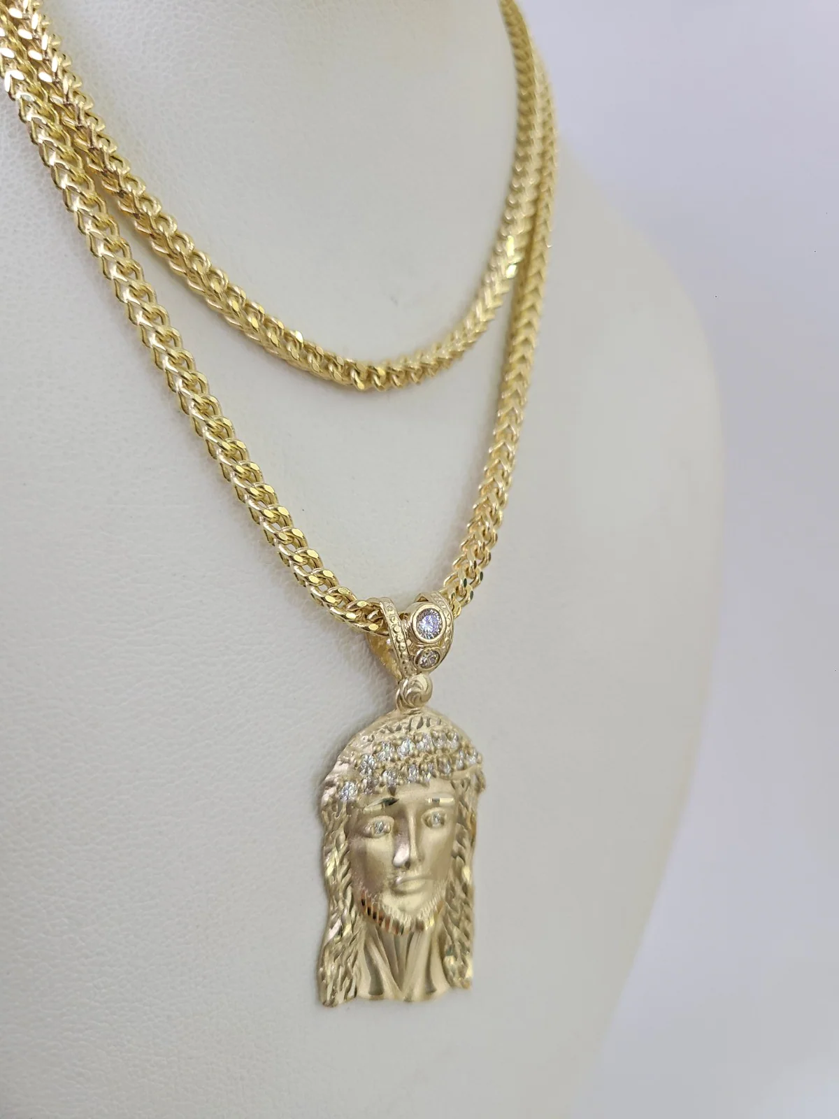 10kt Franco Chain Necklace Jesus Head Charm Pendant 3mm 18-28 Inches Yellow Gold - Image 4