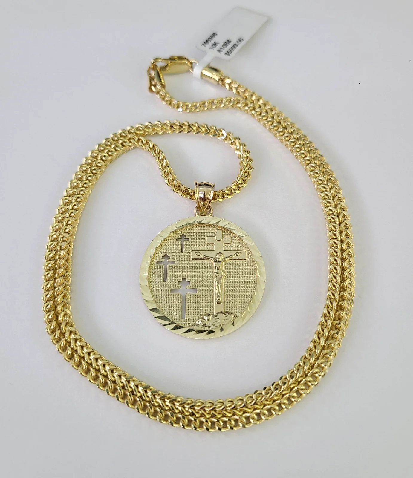 10kt Franco Chain Necklace Jesus Medallion Charm Pendant 3mm 18-28 Inches Gold - Image 2