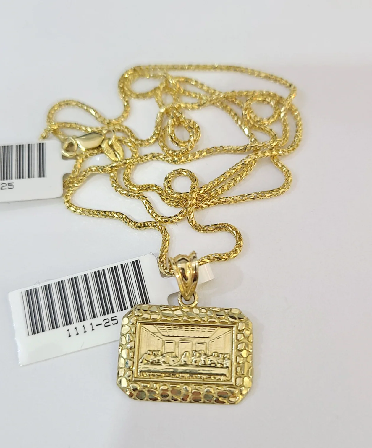 10kt Franco Chain Necklace Last Supper Pendant 1mm 16-22 Inches Ladies Gold - Image 2
