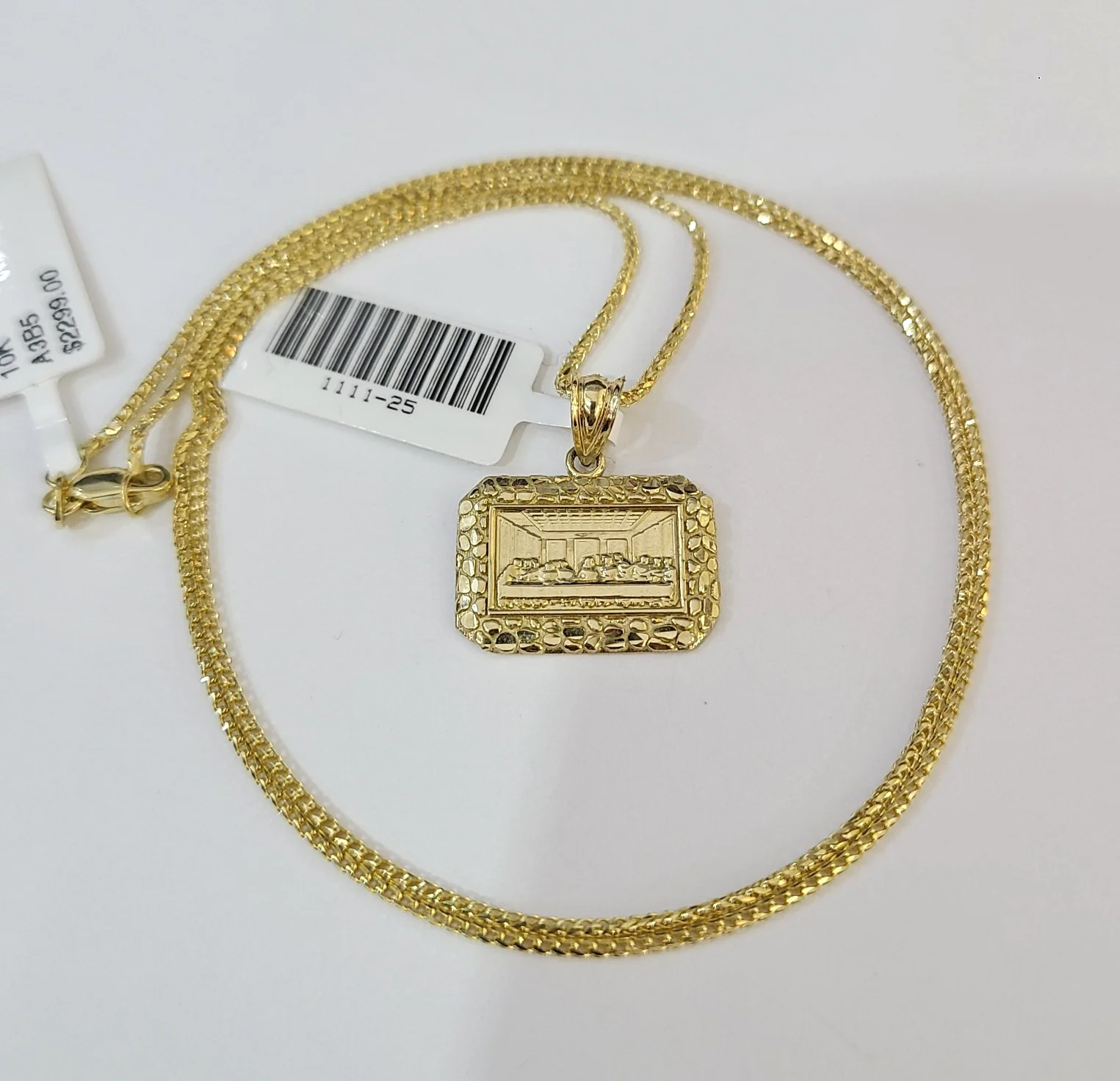 10kt Franco Chain Necklace Last Supper Pendant 1mm 16-22 Inches Ladies Gold - Image 4
