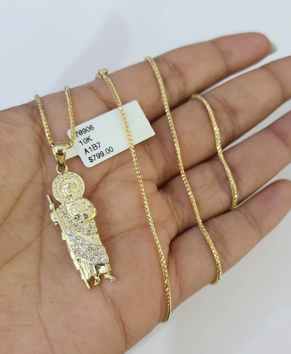 10kt Franco Chain Necklace Saint Jude Charm Pendant 1mm 16-22 Inches Ladies Gold - Image 2