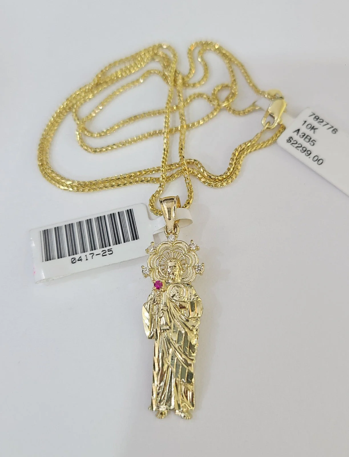 10kt Franco Chain Necklace Saint Jude Charm Pendant 1mm 16-22 Inches Ladies Gold - Image 2