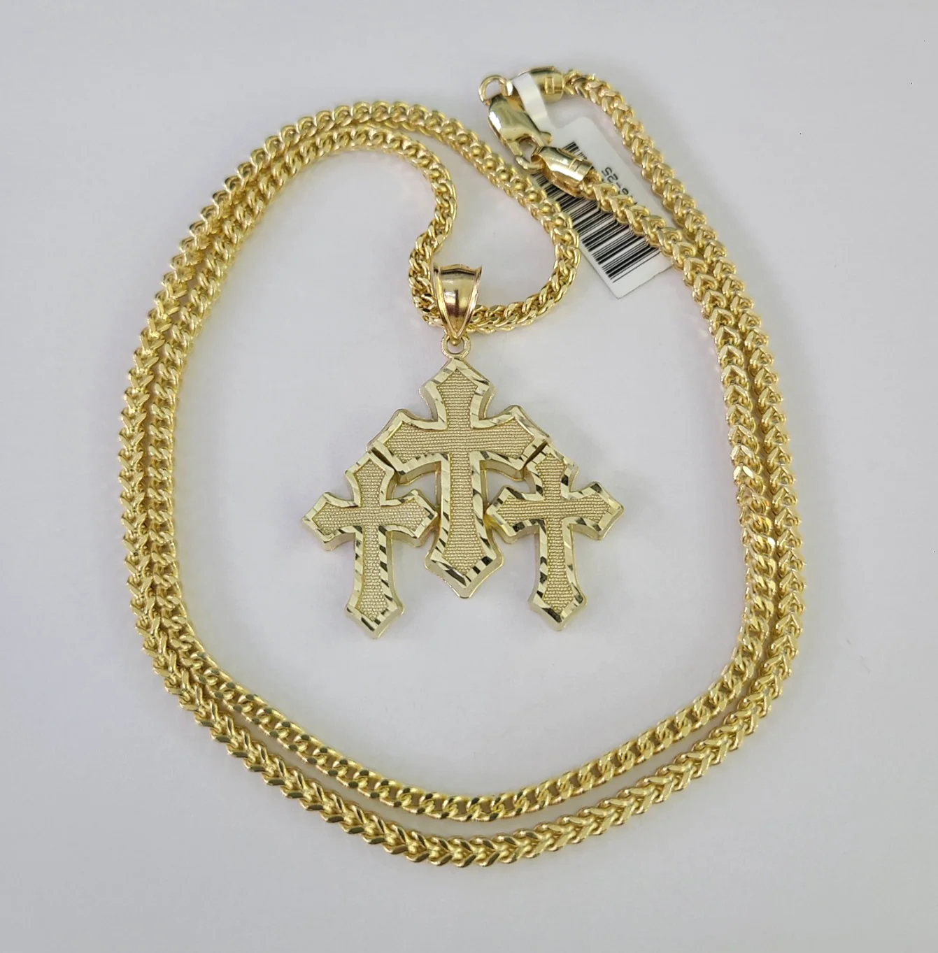 10kt Franco Chain Necklace Triple Cross Charm Pendant 3mm 18-28 Inches Gold - Image 4
