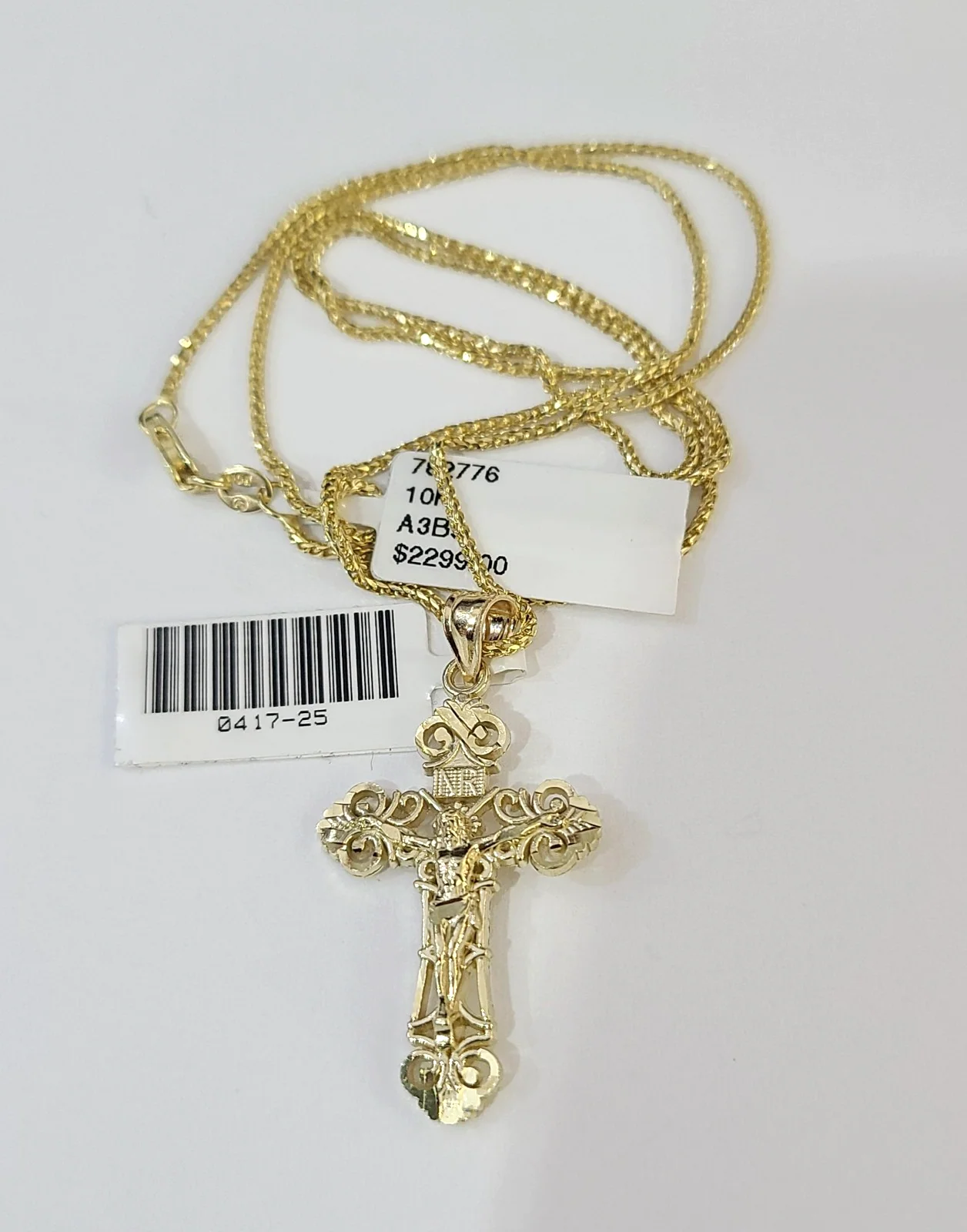 10kt Franco Gold Chain Necklace INRI Cross Pendant Charm 1mm 16-22 Inches Ladies - Image 2