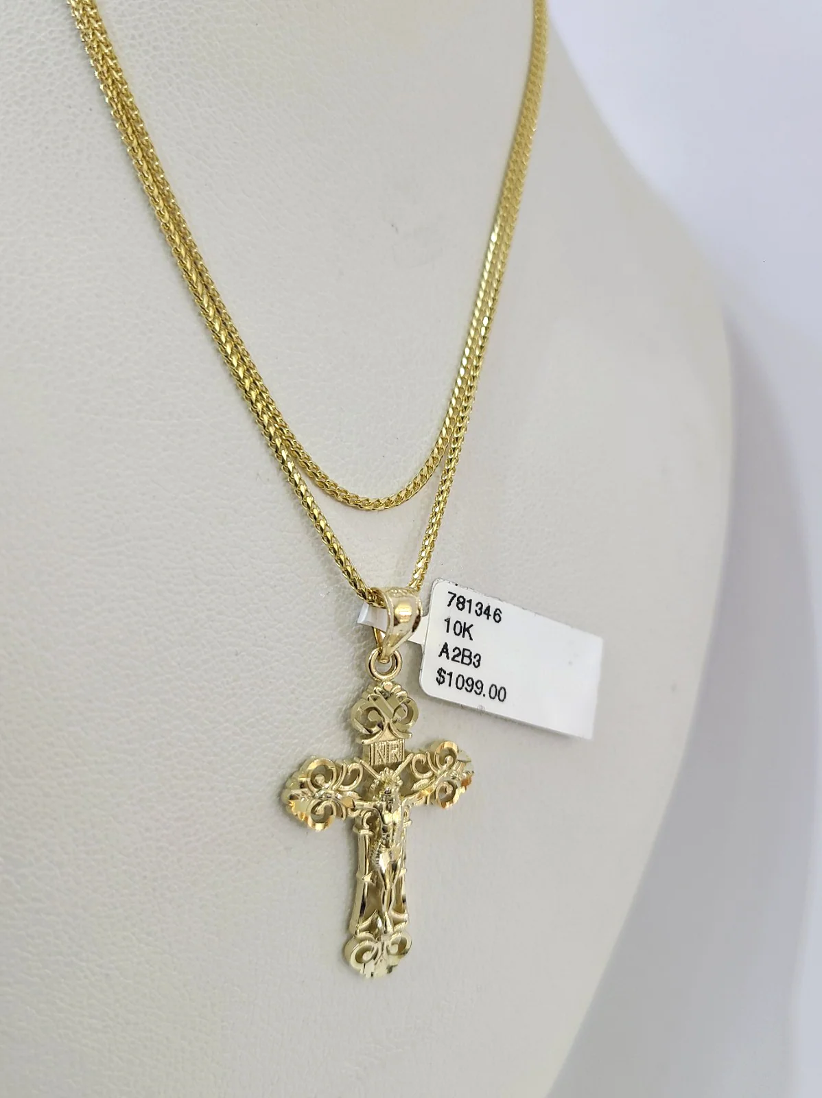 10kt Franco Gold Chain Necklace INRI Cross Pendant Charm 1mm 16-22 Inches Ladies - Image 3