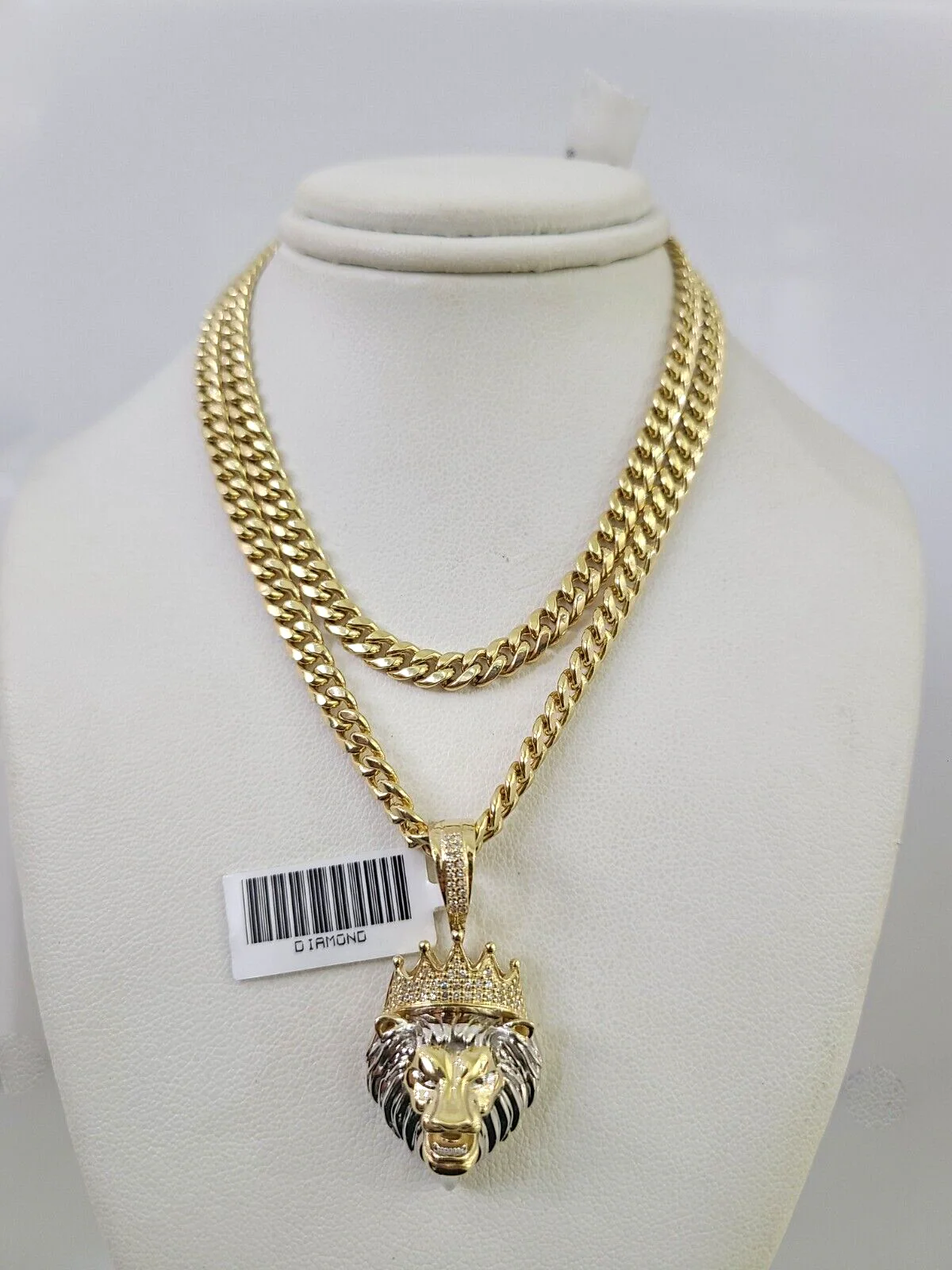 10kt Gold Miami Cuban Chain Diamond Lion Head Charm Pendant 5mm 18-28 Inch