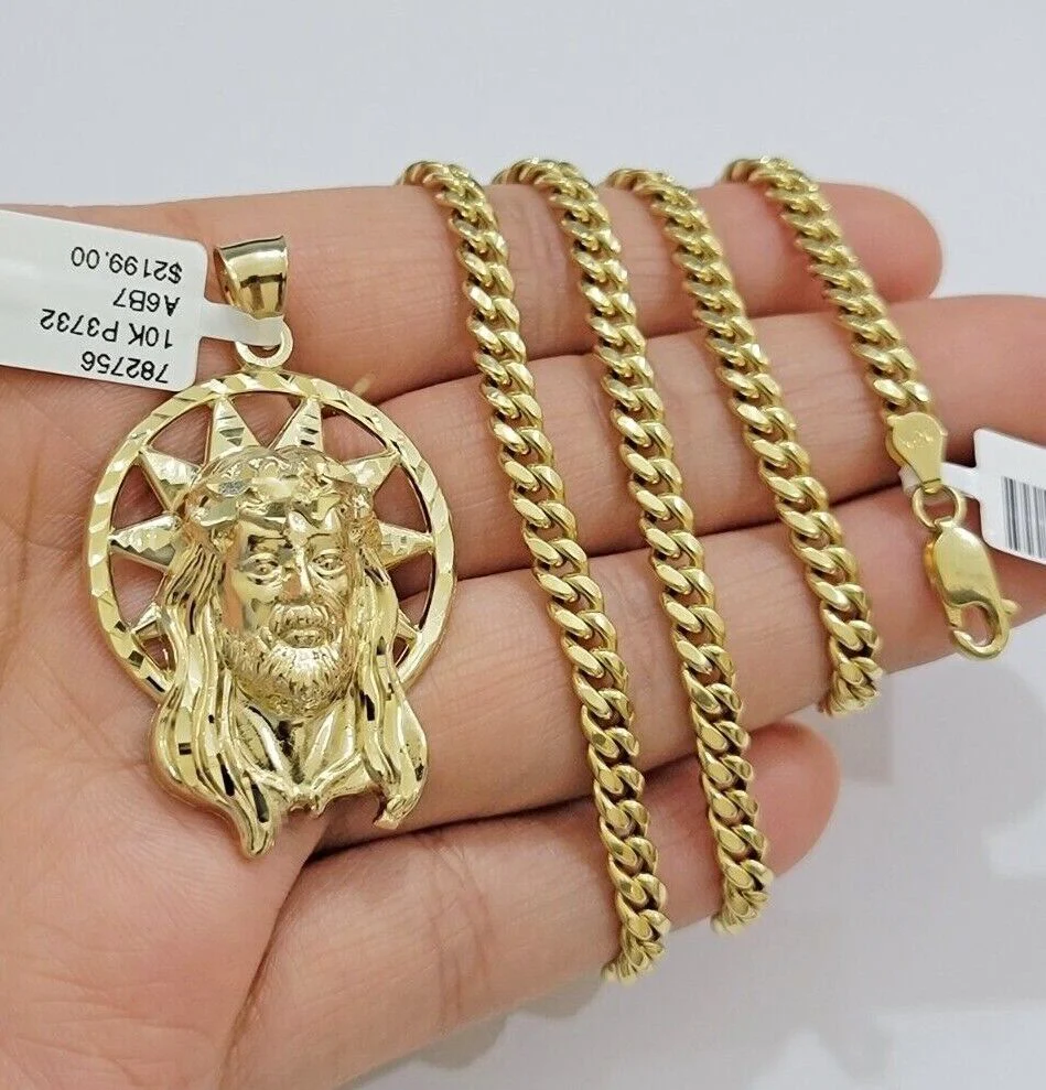 10kt Gold Miami Cuban Chain Jesus Head Charm Pendant Set 18-28 Inch 5mm Necklace - Image 10