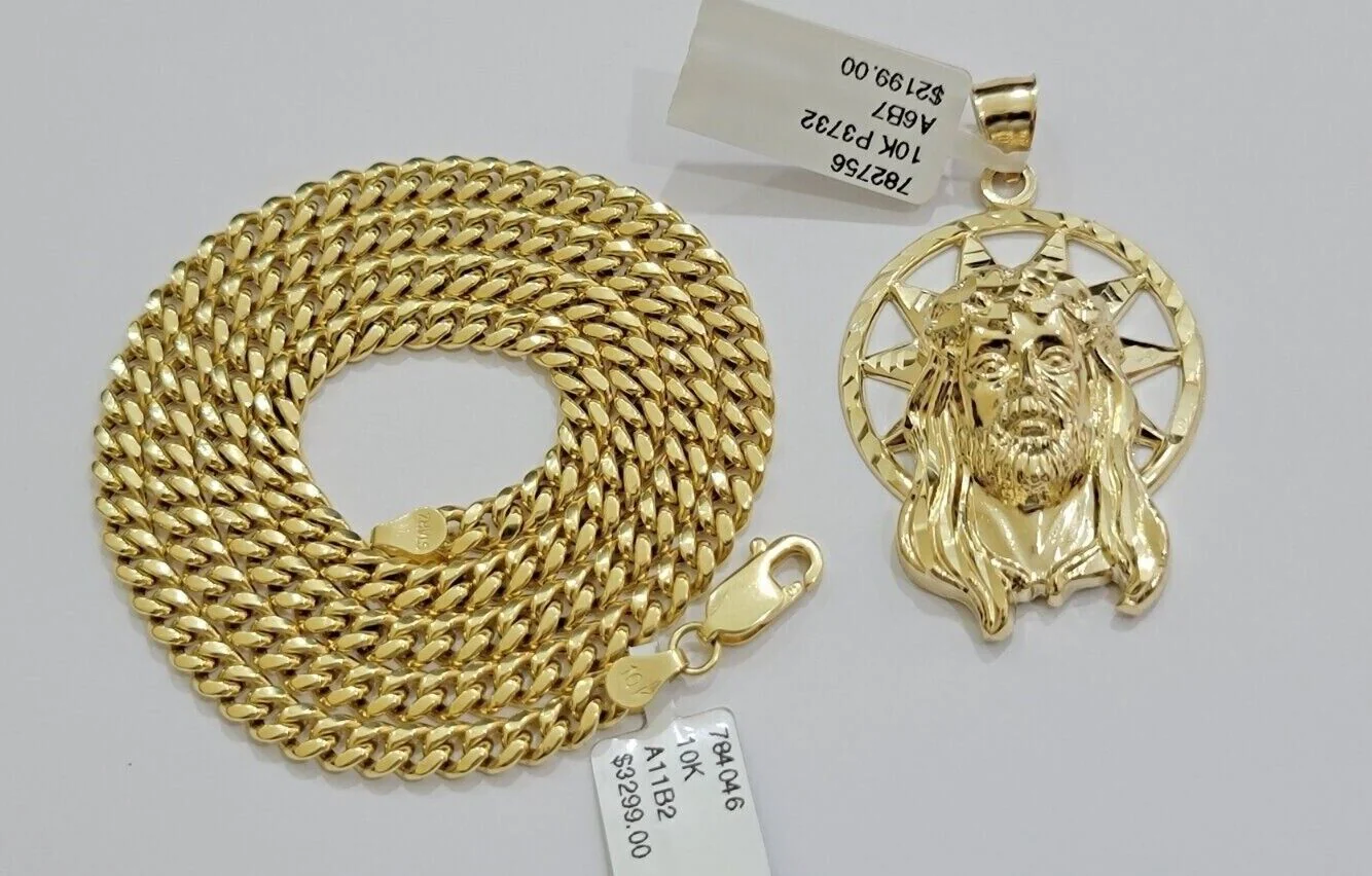 10kt Gold Miami Cuban Chain Jesus Head Charm Pendant Set 18-28 Inch 5mm Necklace - Image 8