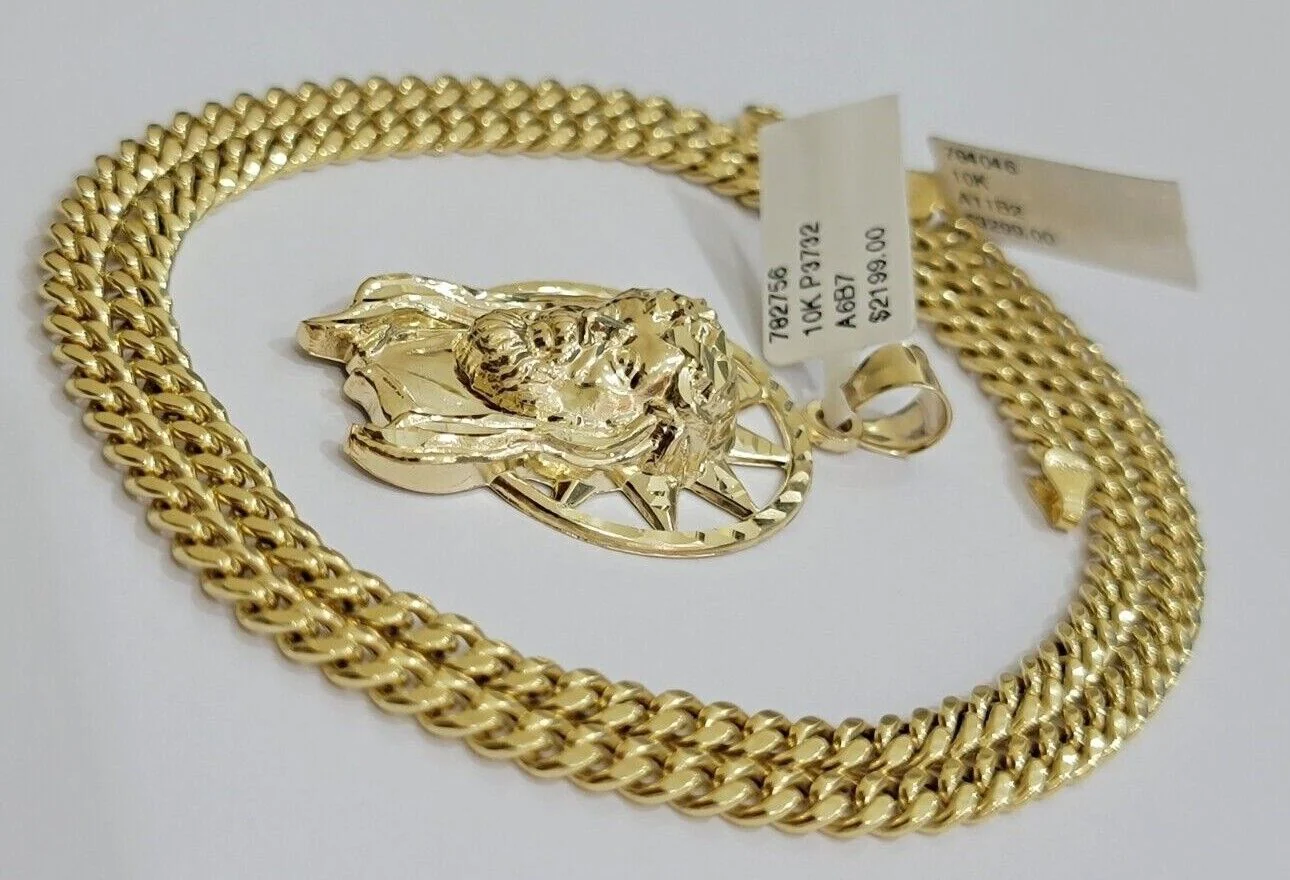 10kt Gold Miami Cuban Chain Jesus Head Charm Pendant Set 18-28 Inch 5mm Necklace - Image 9