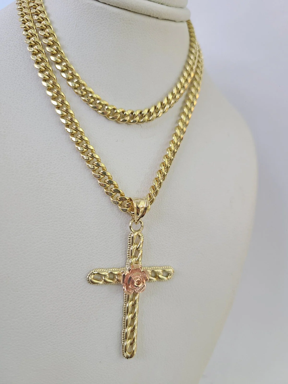 10kt Gold Miami Cuban Chain Jesus Rose Cross Charm Pendant 5mm 18"-28" Necklace - Image 6
