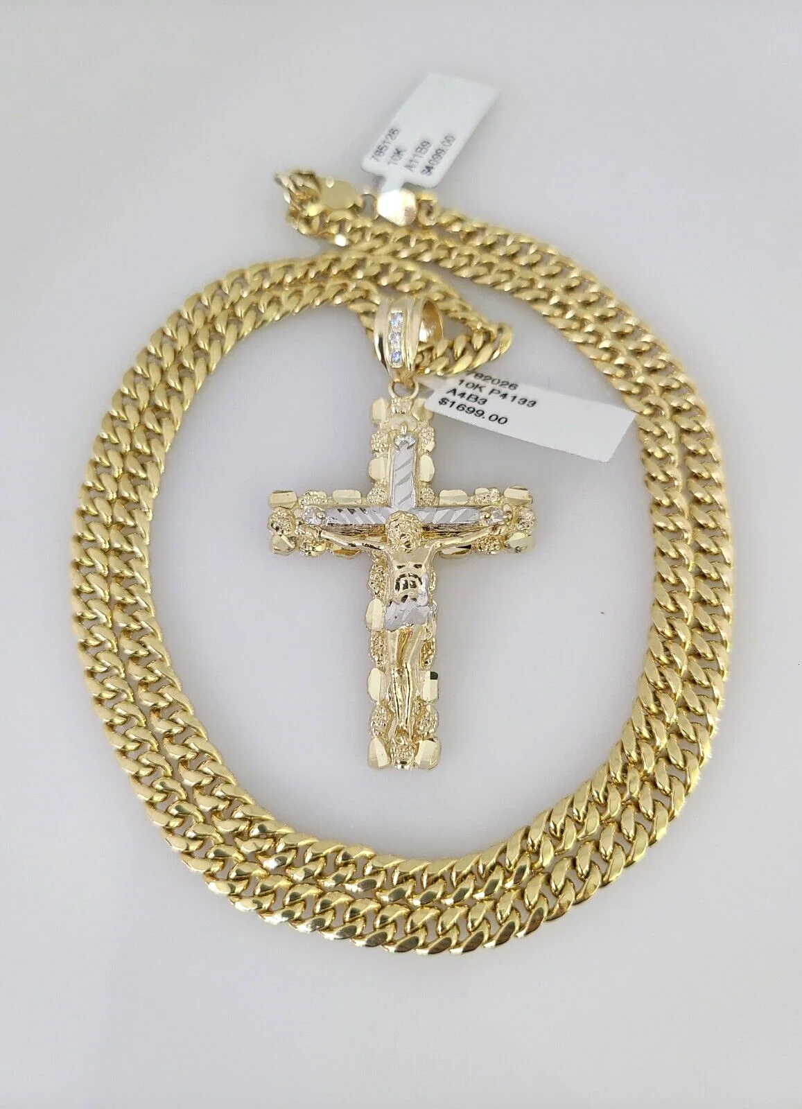 10kt Gold Miami Cuban Chain Nugget Cross Charm Pendant 5mm 18-28Inch Necklace - Image 2