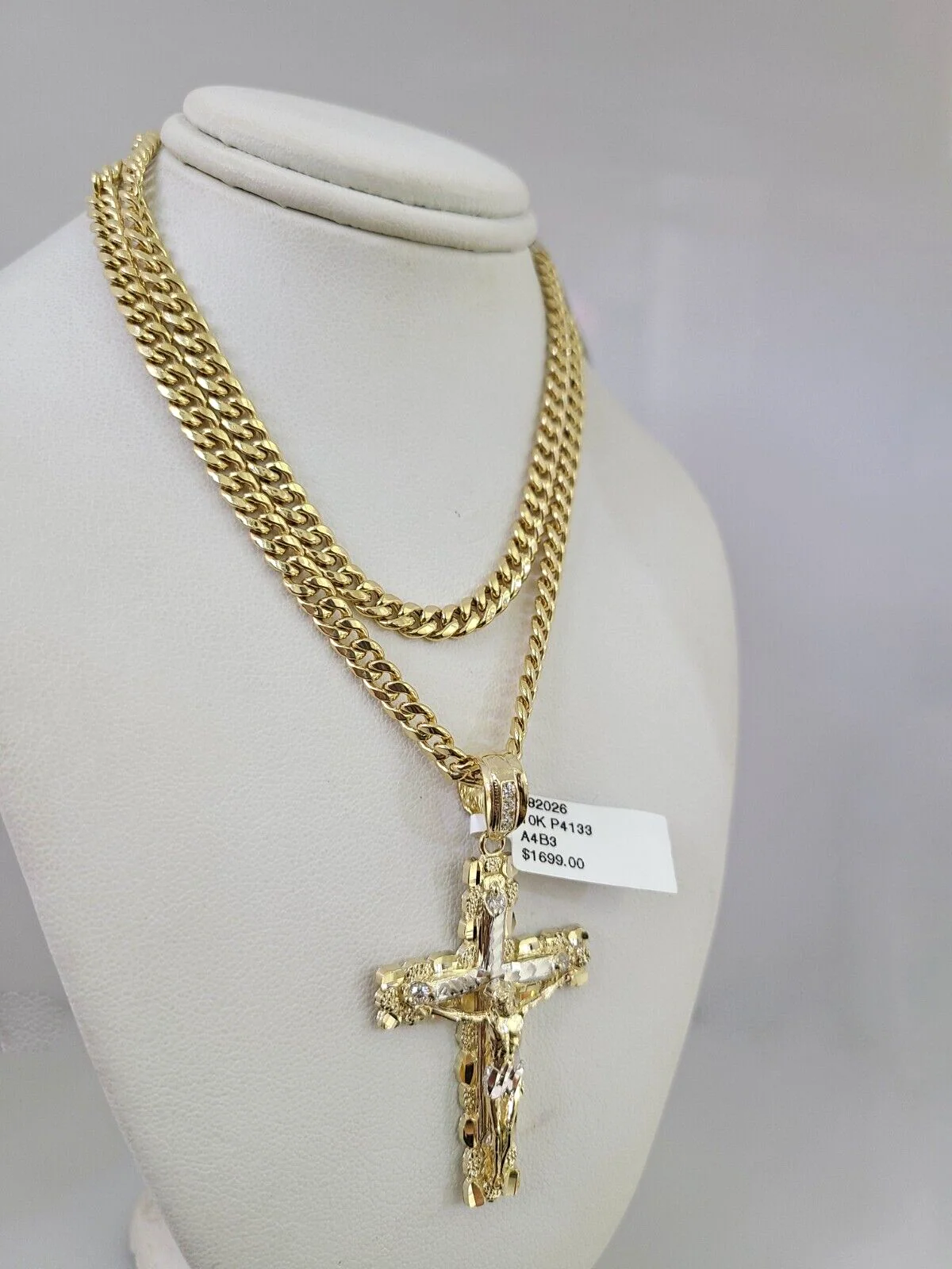 10kt Gold Miami Cuban Chain Nugget Cross Charm Pendant 5mm 18-28Inch Necklace - Image 5
