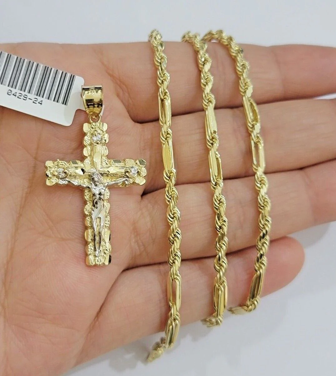 10kt Gold Milano Rope Chain Cross Charm Pendant Set 18-24 Inch 3mm Necklace REAL - Image 2
