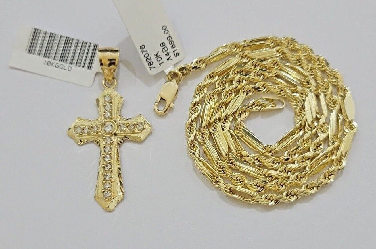10kt Gold Milano Rope Chain Jesus Cross Charm Pendant Set 18-24'' Inch Necklace - Image 4