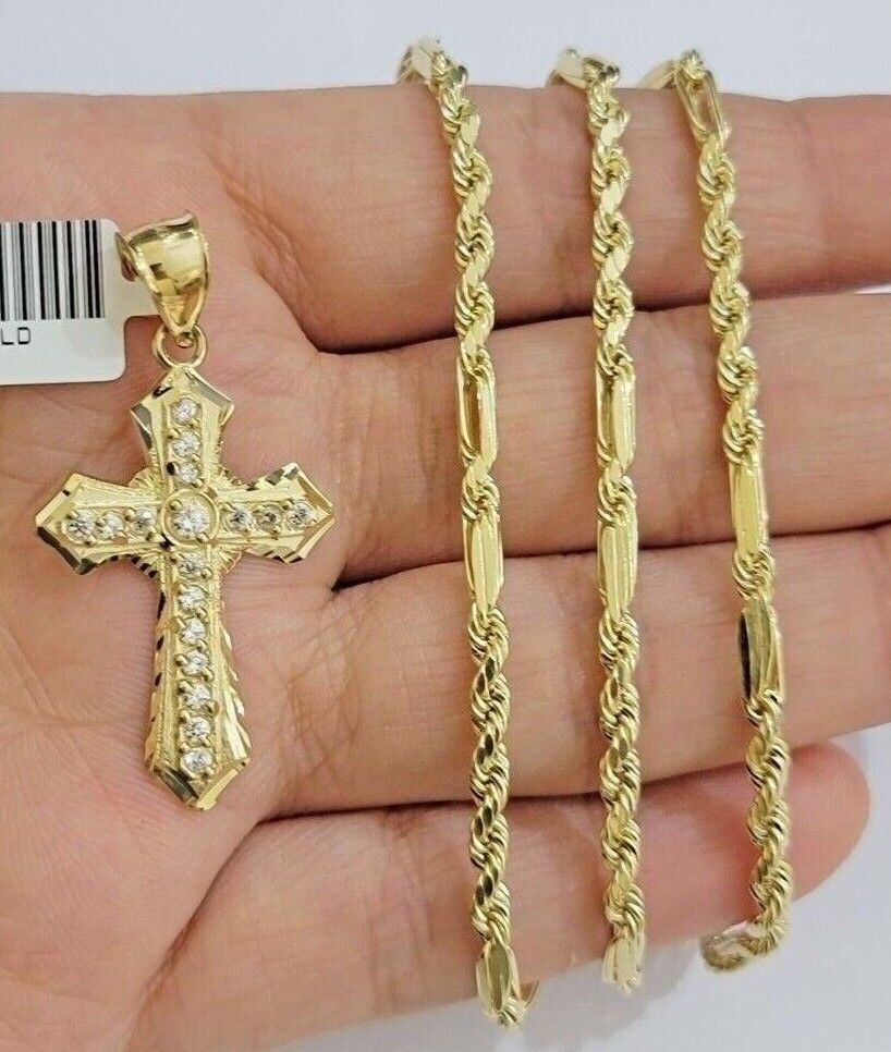 10kt Gold Milano Rope Chain Jesus Cross Charm Pendant Set 18-24'' Inch Necklace - Image 5