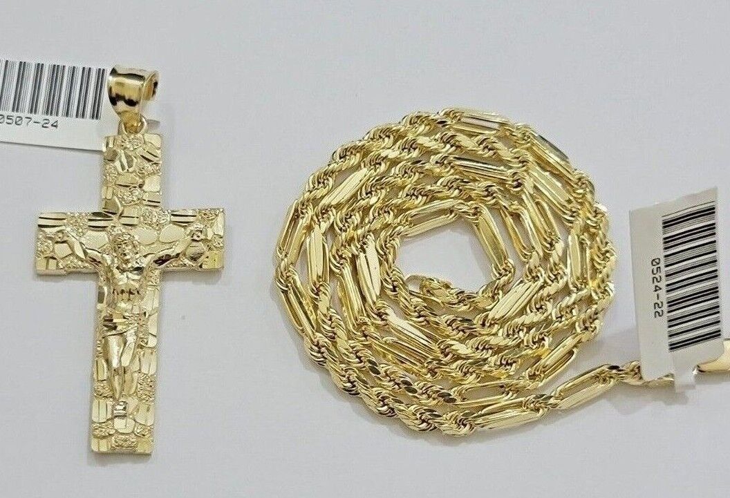 10kt Gold Milano Rope Chain Nugget Cross Charm Pendant Set 18-24'' Inch Necklace - Image 4
