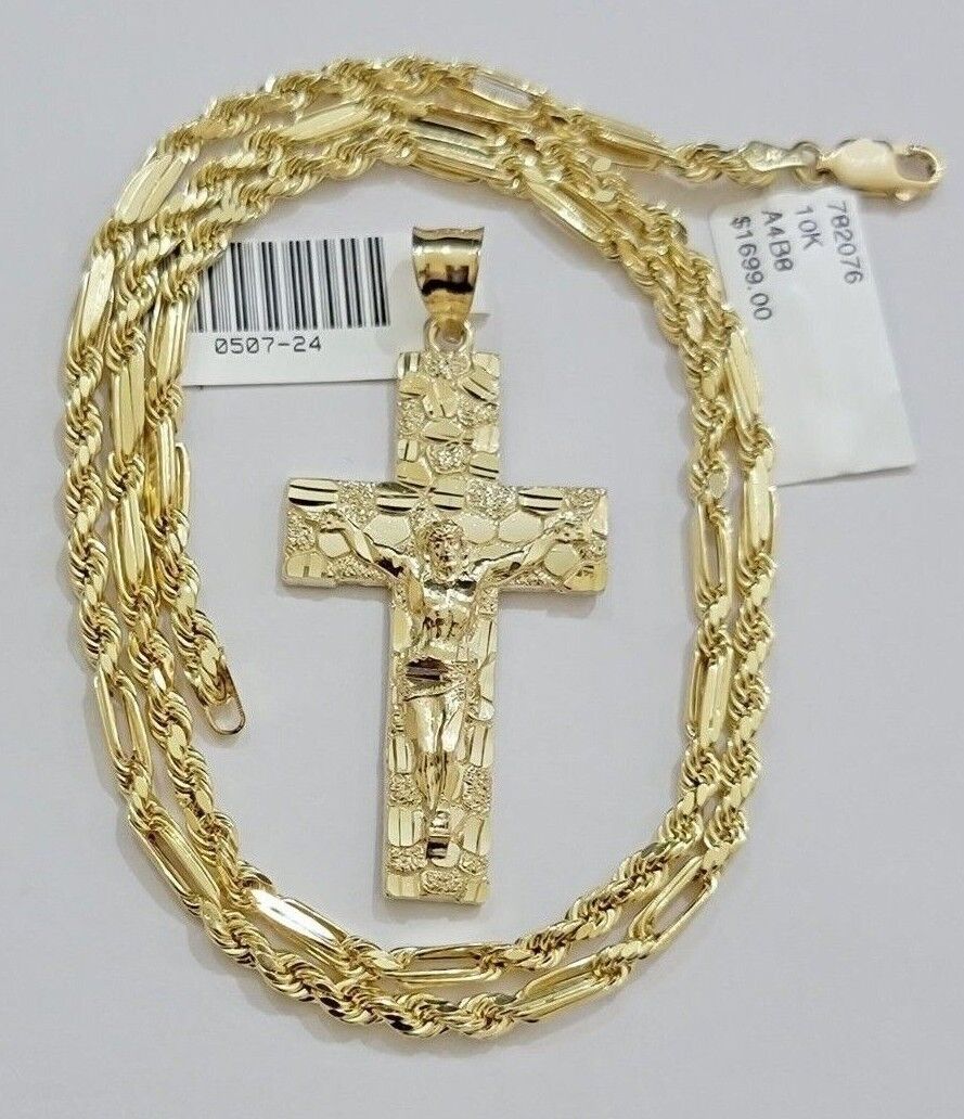 10kt Gold Milano Rope Chain Nugget Cross Charm Pendant Set 18-24'' Inch Necklace - Image 5