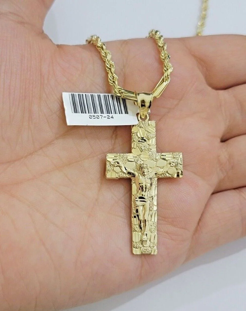10kt Gold Milano Rope Chain Nugget Cross Charm Pendant Set 18-24'' Inch Necklace - Image 6