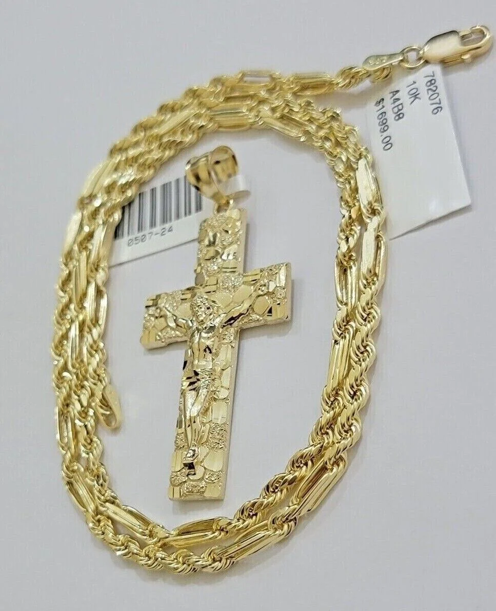 10kt Gold Milano Rope Chain Nugget Cross Charm Pendant Set 18-24'' Inch Necklace - Image 8