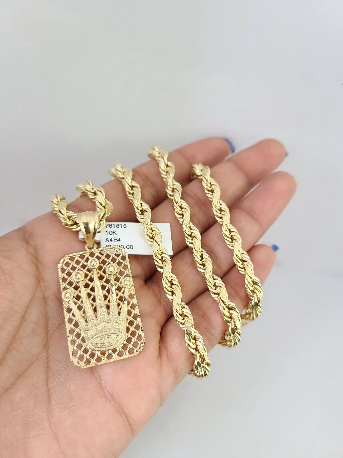 10kt Gold Rope Chain Crown Charm Set 18"-30'' Inch 6mm Necklace Pendant - Image 2