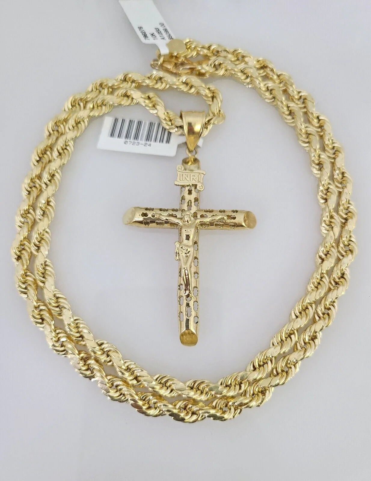 10kt Gold Rope Chain INRI Cross Charm Set 18"-30'' Inch 6mm Necklace Pendant
