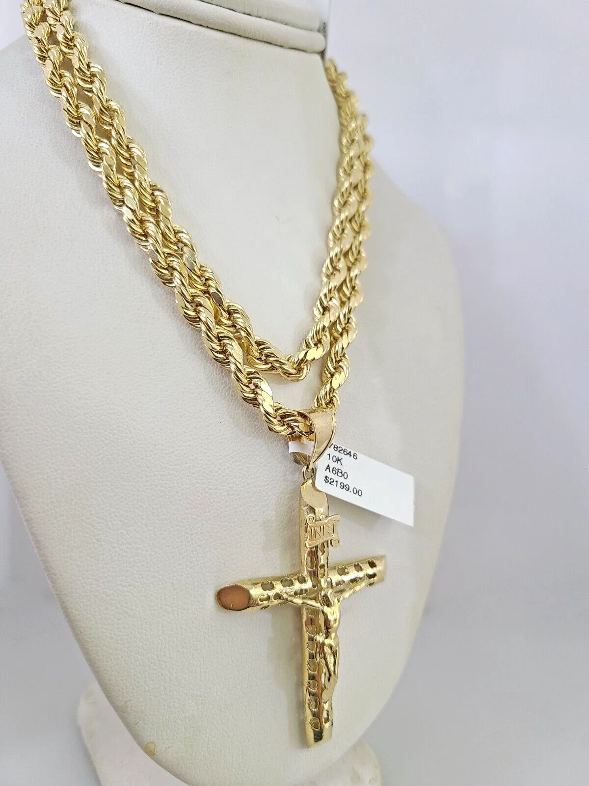 10kt Gold Rope Chain INRI Cross Charm Set 18"-30'' Inch 6mm Necklace Pendant - Image 3