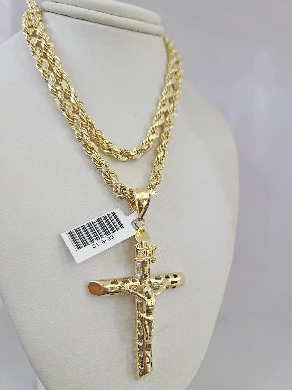 10kt Gold Rope Chain INRI Jesus Cross Charm Set 18"-30'' Inch 5mm Necklace - Image 4