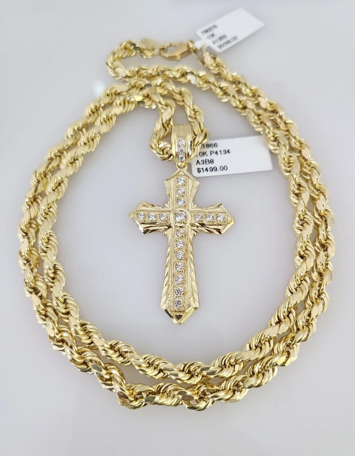 10kt Gold Rope Chain Jesus Cross Charm Set 18"-30'' Inch 6mm Necklace Pendant